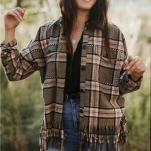 Zara Gray and Pink Plaid Fringe Jacket